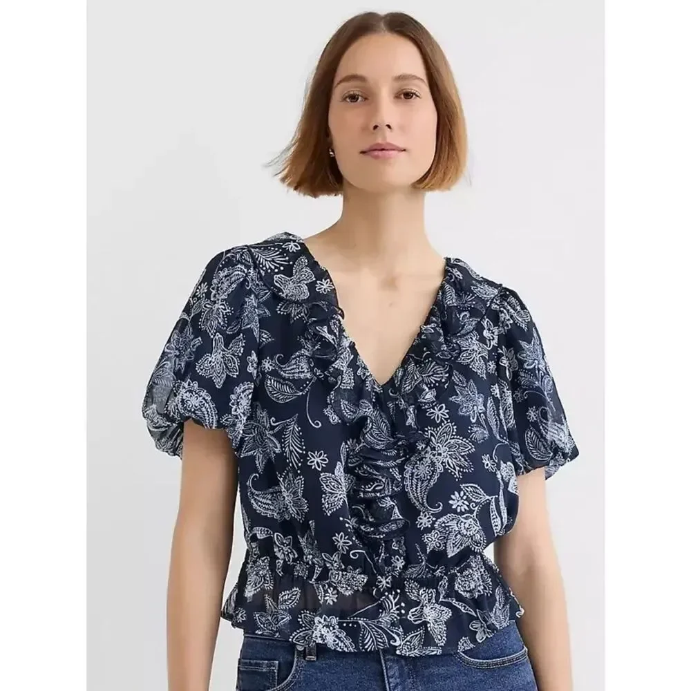 LOFT Blue White Floral Ruffle V Neck Peplum Hem Short Puff Sleeve Blouse NEW
